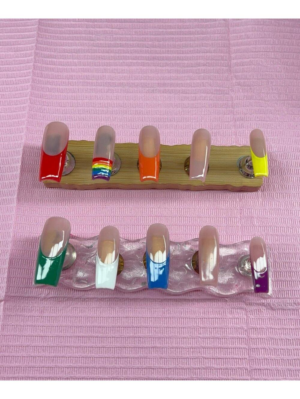 Long square Press on nails nude French tips red rainbow blue